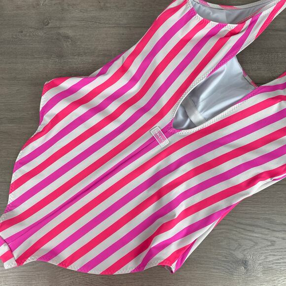 Fabletics White&Pink Stripe Neon Candy Sunset Scoop One Piece Swimsuit Sz.XL - Picture 10 of 16
